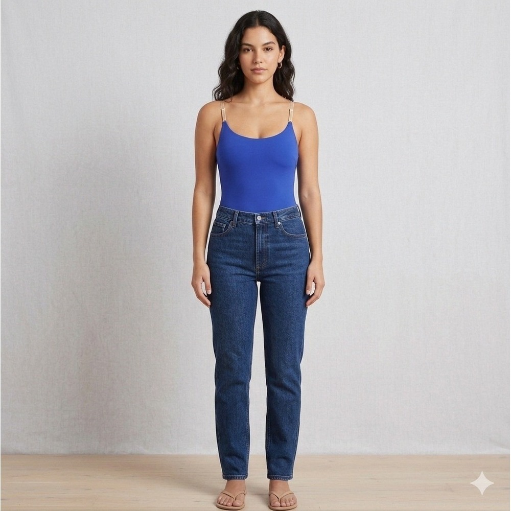 ENZA COSTA Cami Bodysuit Women Medium Blue Tank Cut Out Twist Back Thong Strappy